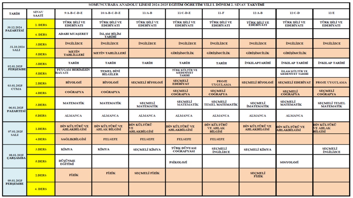 SOMUNCUBABA ANADOLU LİSESİ 2024-2025 EĞİTİM ÖĞRETİM YILI I. DÖNEM 2. SINAV TAKVİMİ